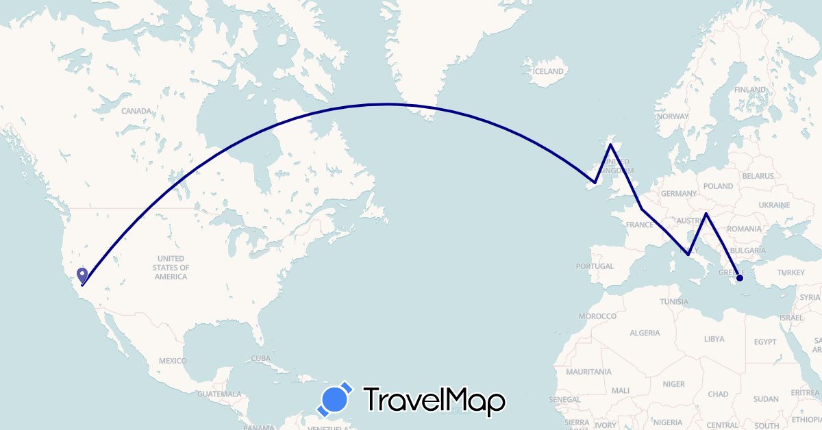 TravelMap itinerary: driving in Austria, France, United Kingdom, Greece, Ireland, Italy, United States (Europe, North America)